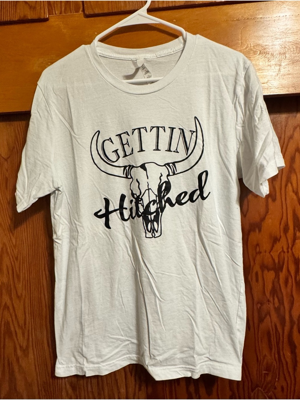 Bella Canvas White Tee with Black 'Gettin Hitched' Skull Graphic